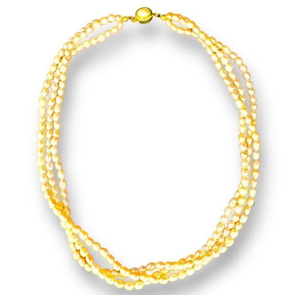 Three Strands Freshwater Pearl Beaded Necklace Pearl Box Clasp over Gold Plated - Picture 1 of 6